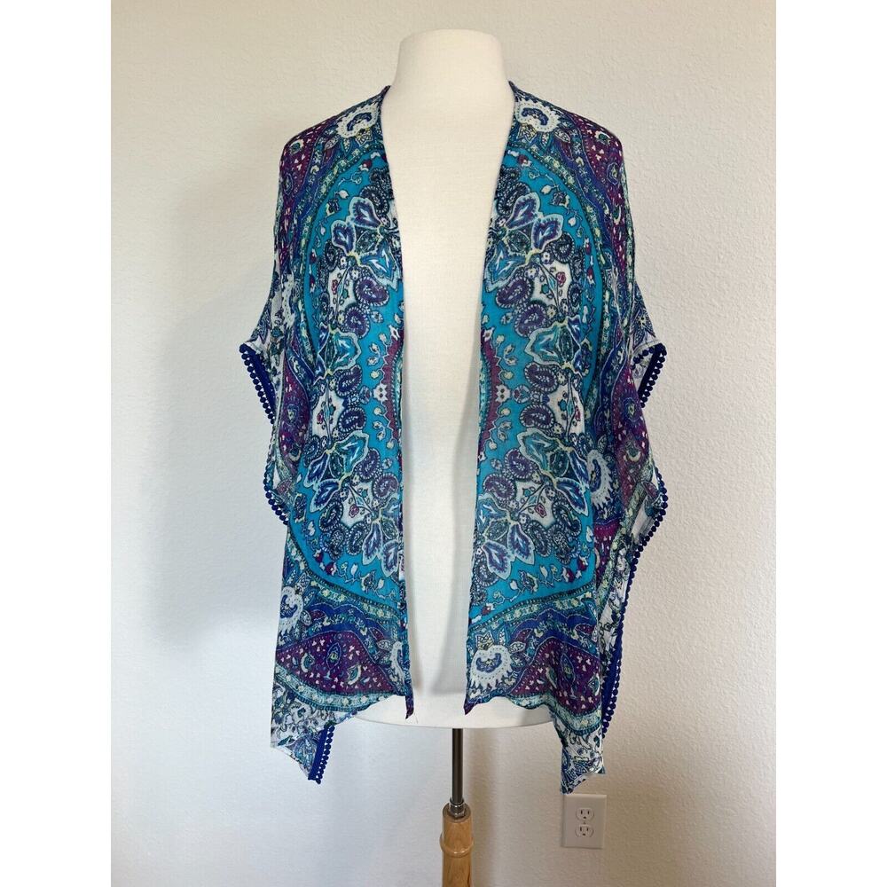 Chicos 100% Linen Medallion Print Ruana Wrap Womens Size S M Blue Bohemian